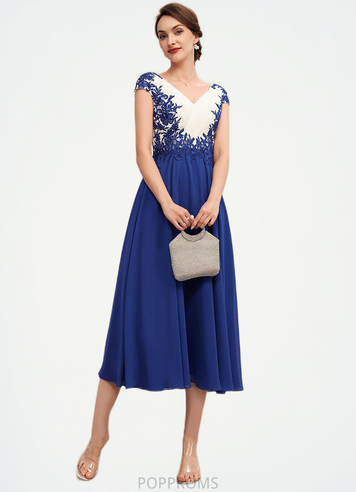 Yamilet A-Line V-neck Tea-Length Chiffon Mother of the Bride Dress With Ruffle Lace PP6126P0014677