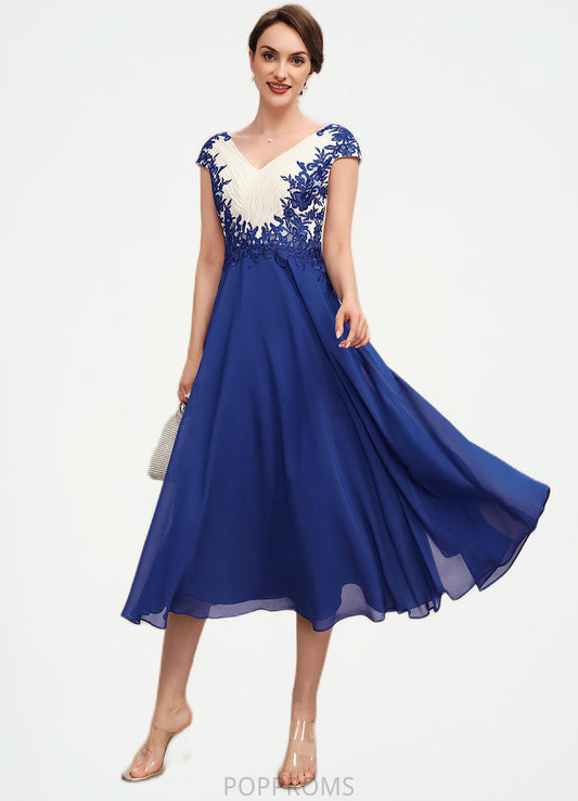 Yamilet A-Line V-neck Tea-Length Chiffon Mother of the Bride Dress With Ruffle Lace PP6126P0014677