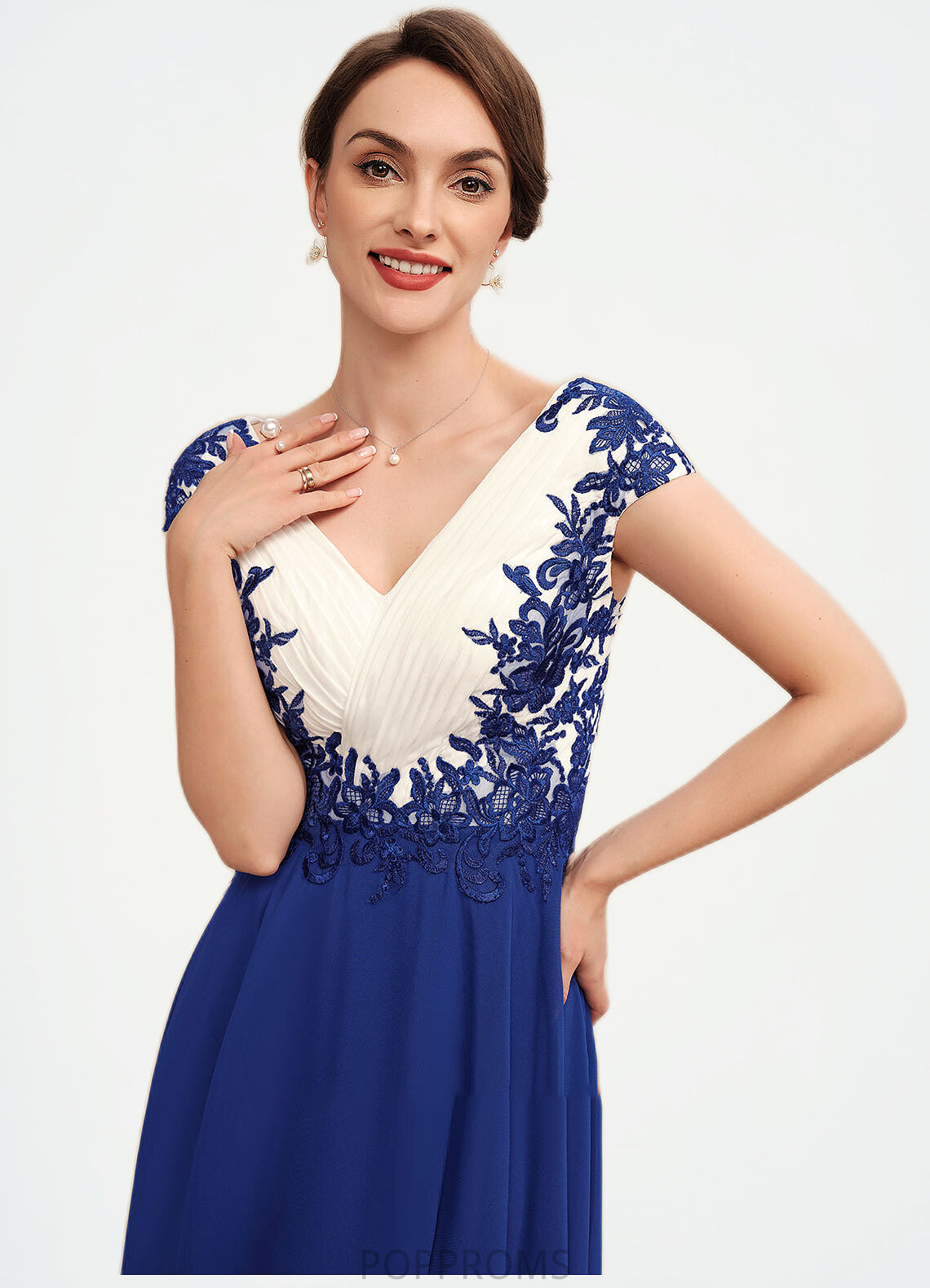 Yamilet A-Line V-neck Tea-Length Chiffon Mother of the Bride Dress With Ruffle Lace PP6126P0014677