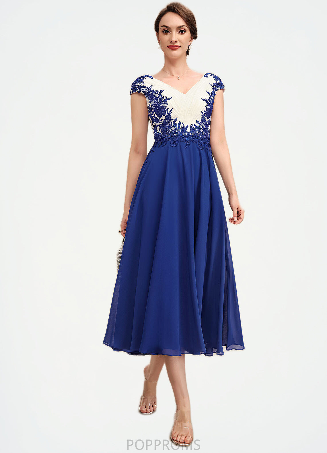 Yamilet A-Line V-neck Tea-Length Chiffon Mother of the Bride Dress With Ruffle Lace PP6126P0014677