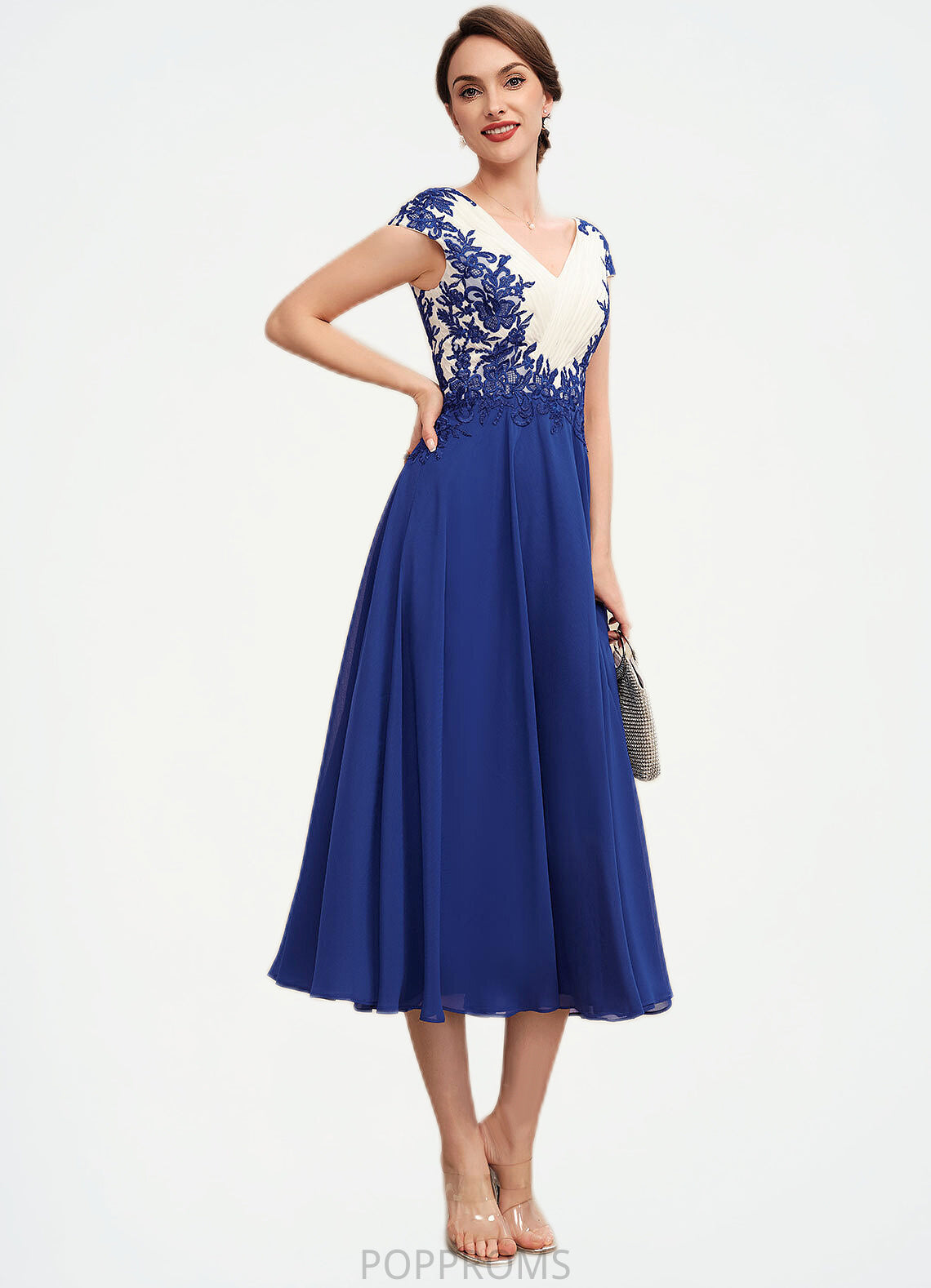 Yamilet A-Line V-neck Tea-Length Chiffon Mother of the Bride Dress With Ruffle Lace PP6126P0014677