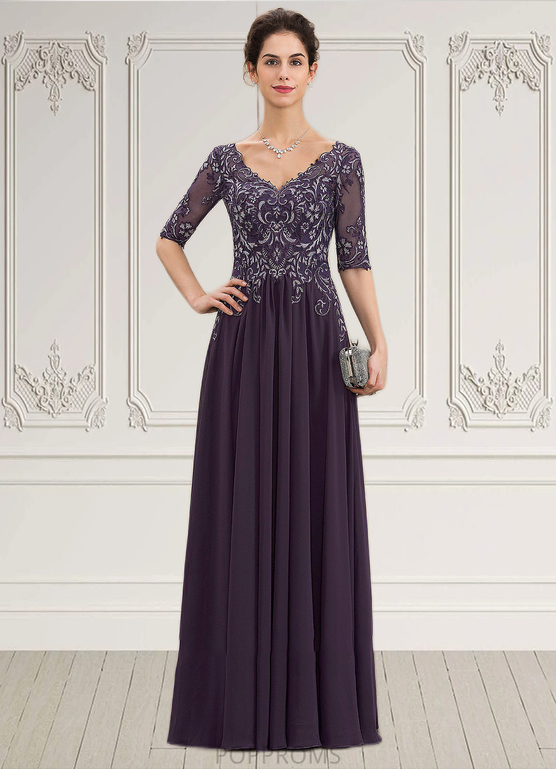 Alondra A-Line V-neck Floor-Length Chiffon Lace Mother of the Bride Dress PP6126P0014678