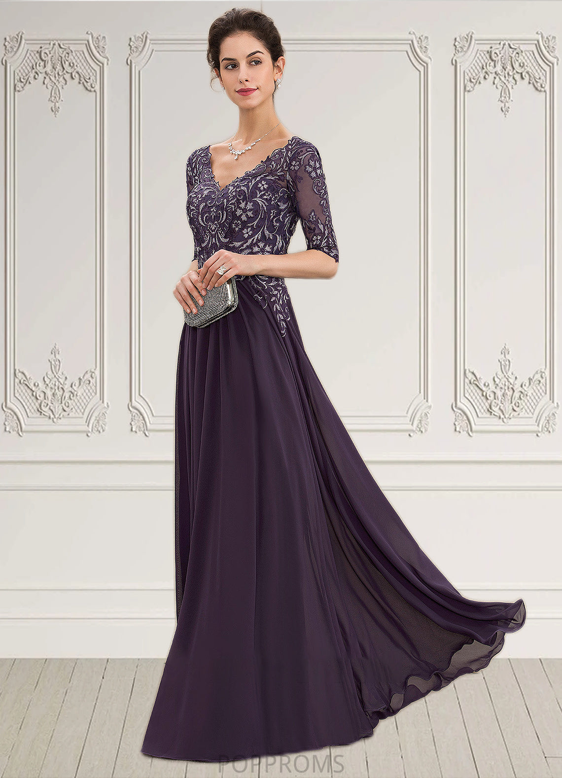 Alondra A-Line V-neck Floor-Length Chiffon Lace Mother of the Bride Dress PP6126P0014678