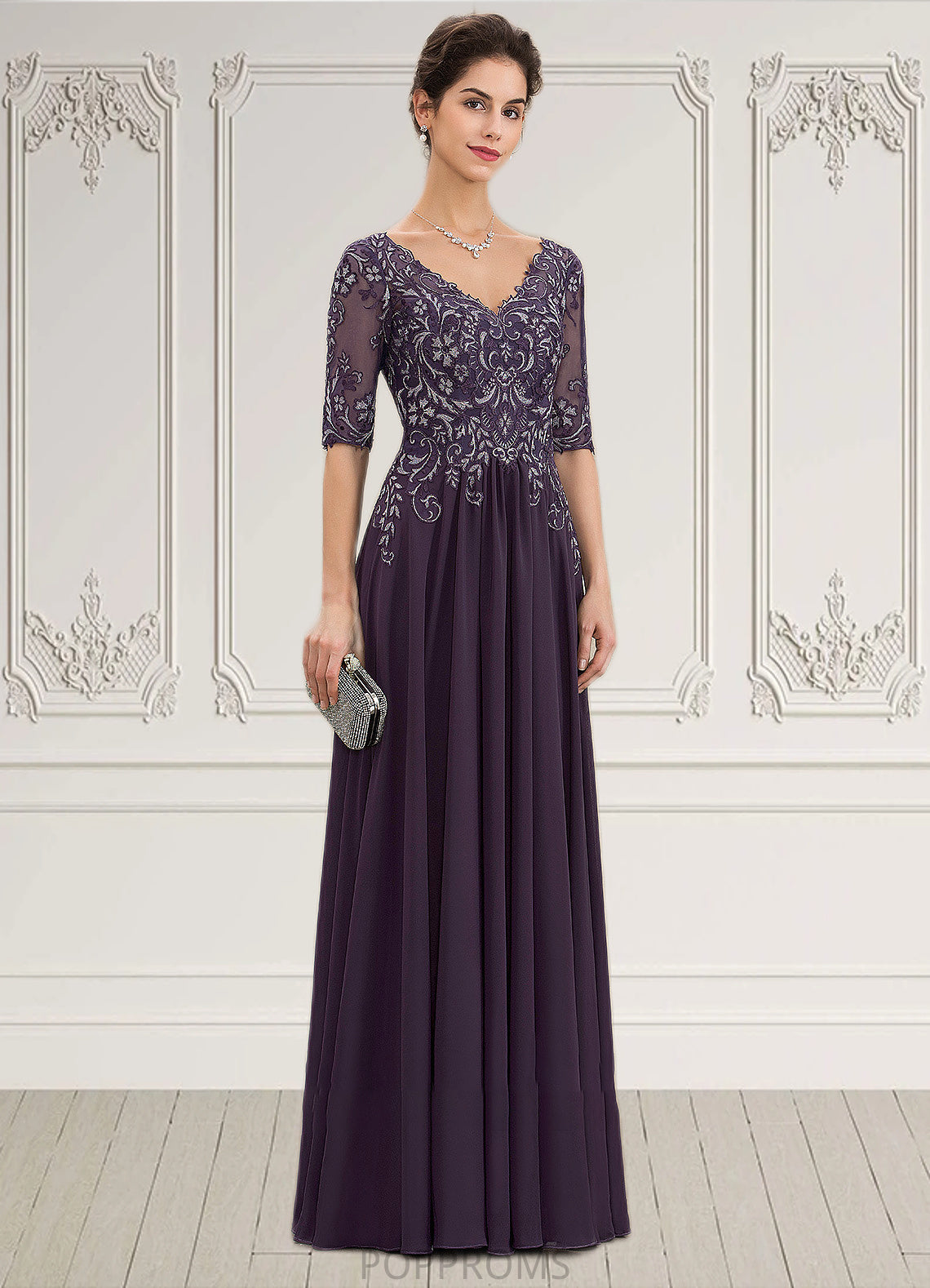 Alondra A-Line V-neck Floor-Length Chiffon Lace Mother of the Bride Dress PP6126P0014678