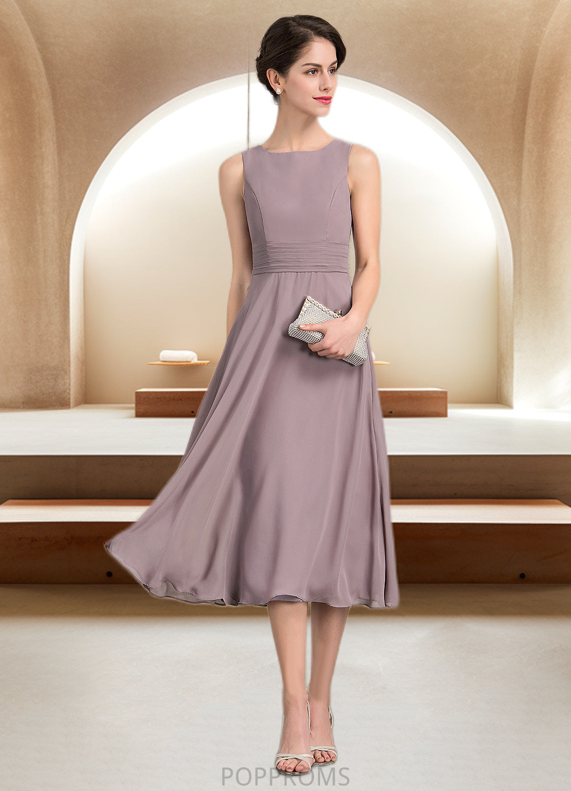 Savannah A-Line Scoop Neck Tea-Length Chiffon Mother of the Bride Dress With Ruffle PP6126P0014679