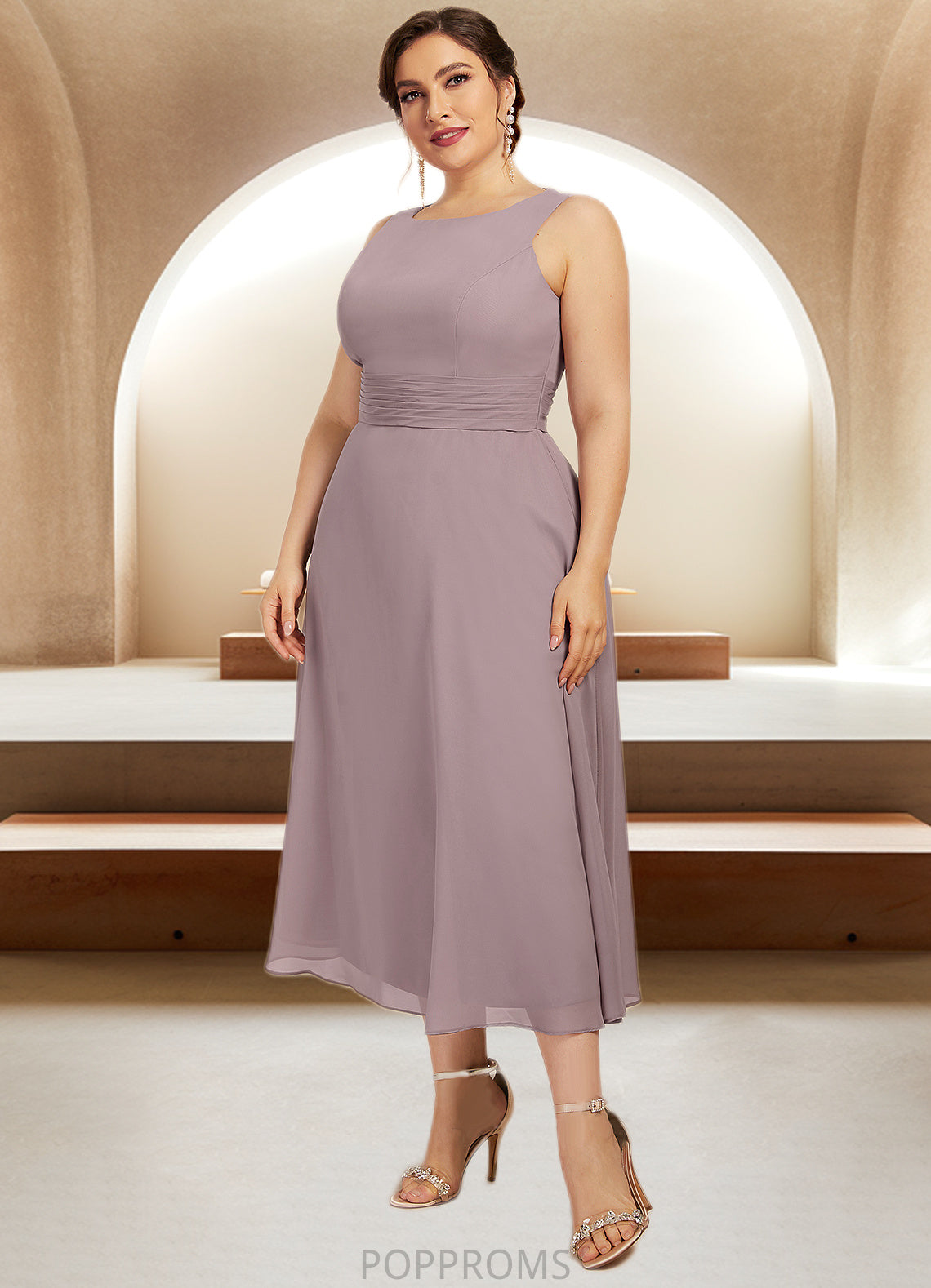 Savannah A-Line Scoop Neck Tea-Length Chiffon Mother of the Bride Dress With Ruffle PP6126P0014679