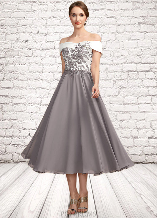 Tiana A-Line Off-the-Shoulder Tea-Length Chiffon Lace Mother of the Bride Dress PP6126P0014680