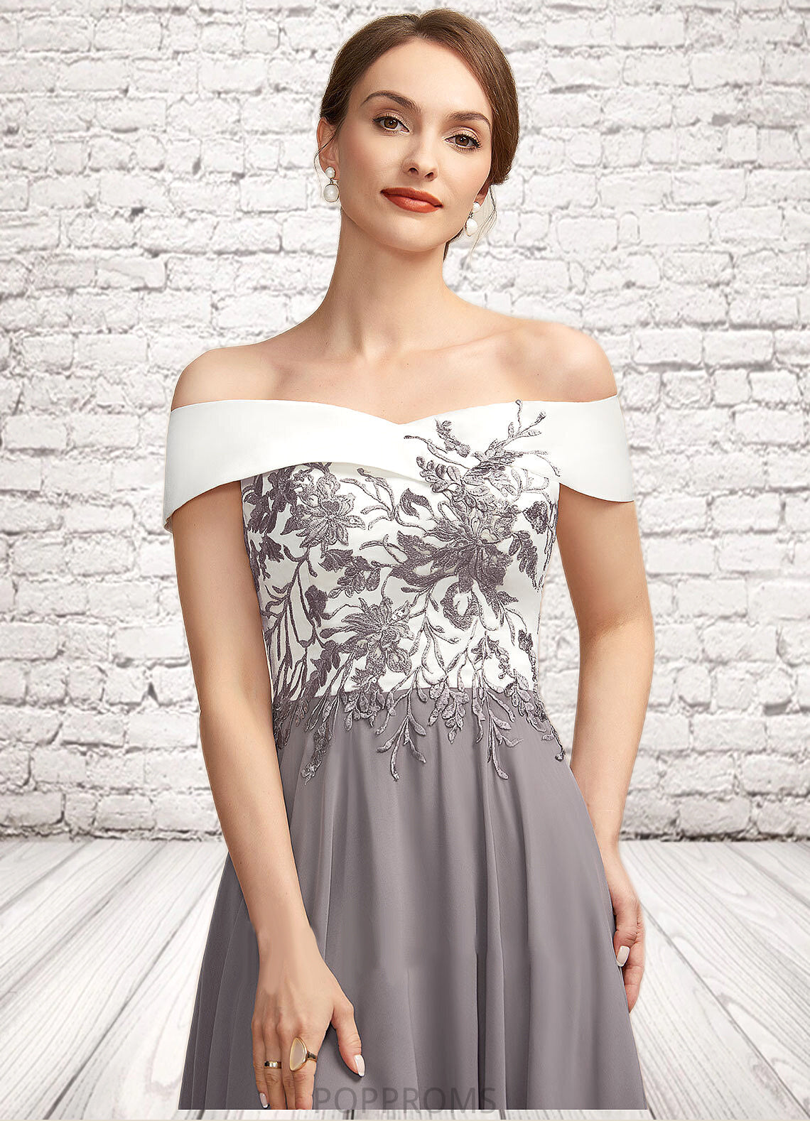 Tiana A-Line Off-the-Shoulder Tea-Length Chiffon Lace Mother of the Bride Dress PP6126P0014680