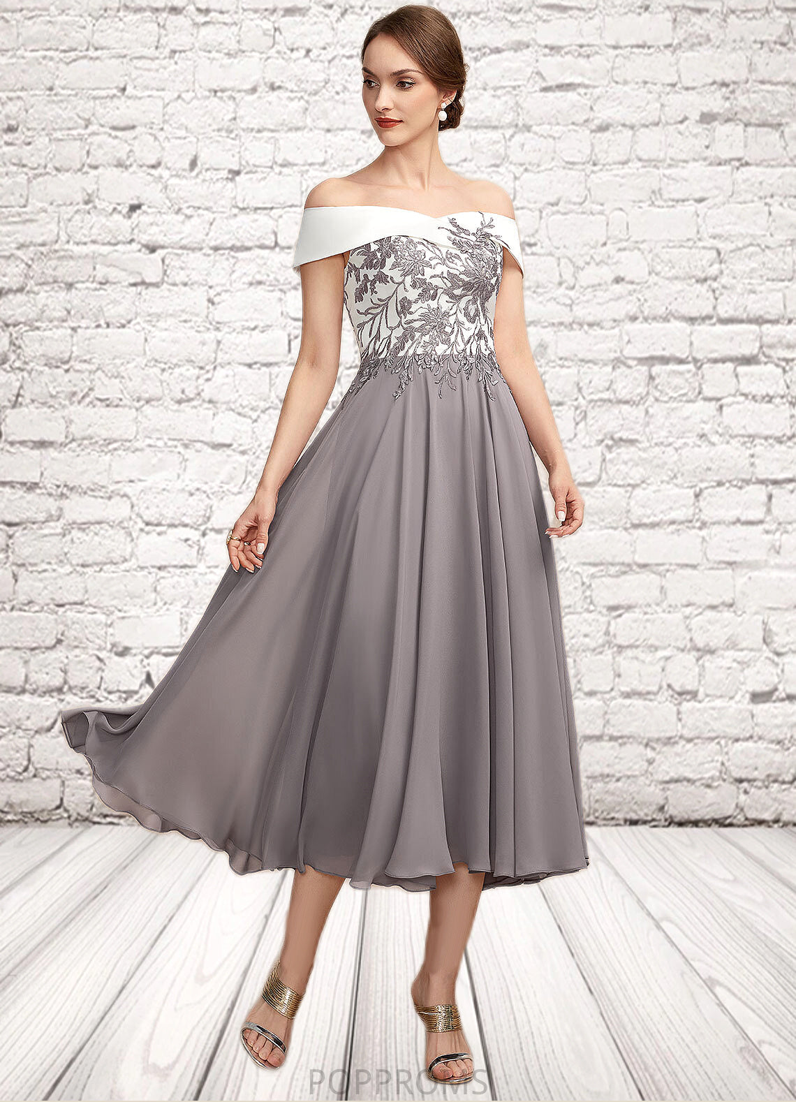 Tiana A-Line Off-the-Shoulder Tea-Length Chiffon Lace Mother of the Bride Dress PP6126P0014680