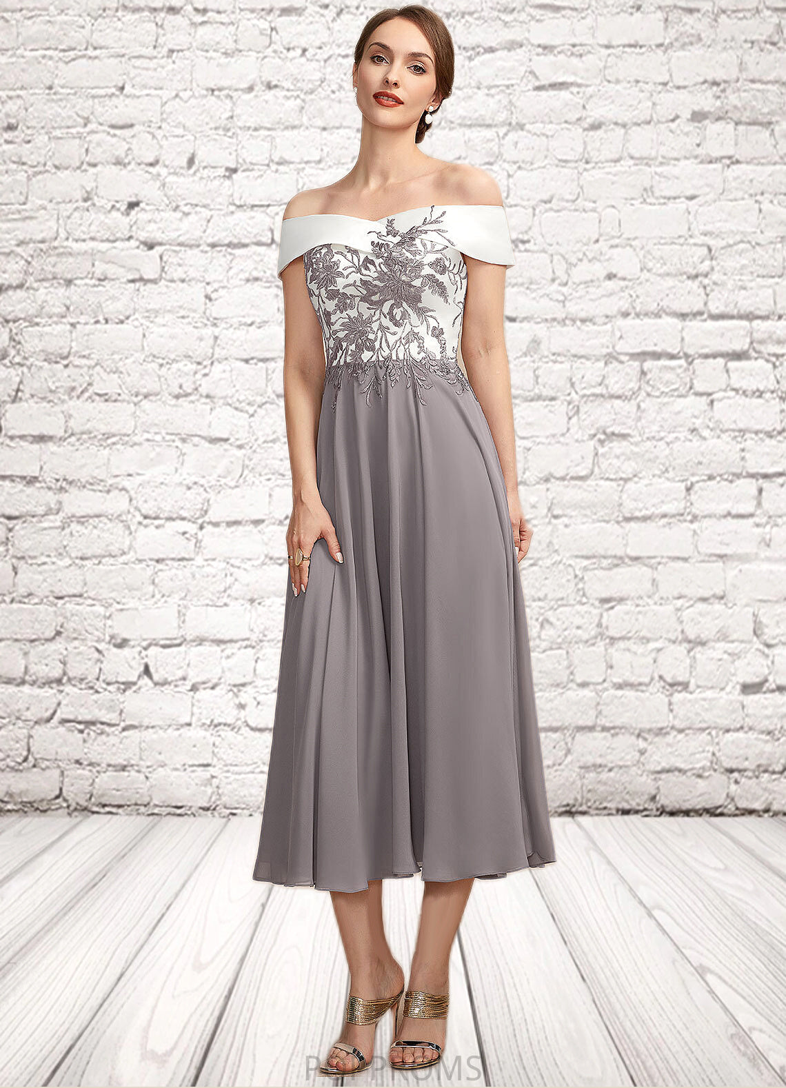 Tiana A-Line Off-the-Shoulder Tea-Length Chiffon Lace Mother of the Bride Dress PP6126P0014680