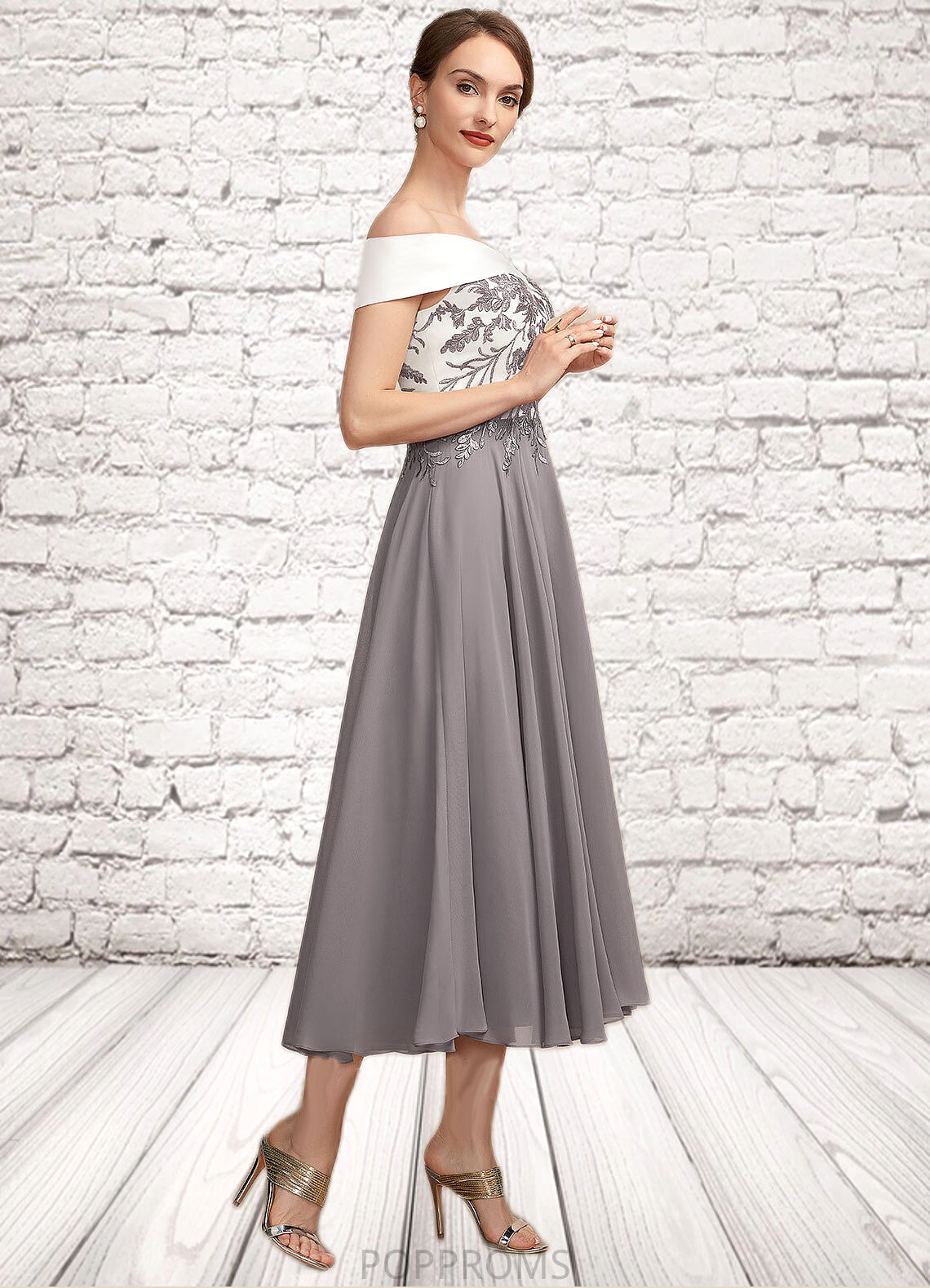 Tiana A-Line Off-the-Shoulder Tea-Length Chiffon Lace Mother of the Bride Dress PP6126P0014680