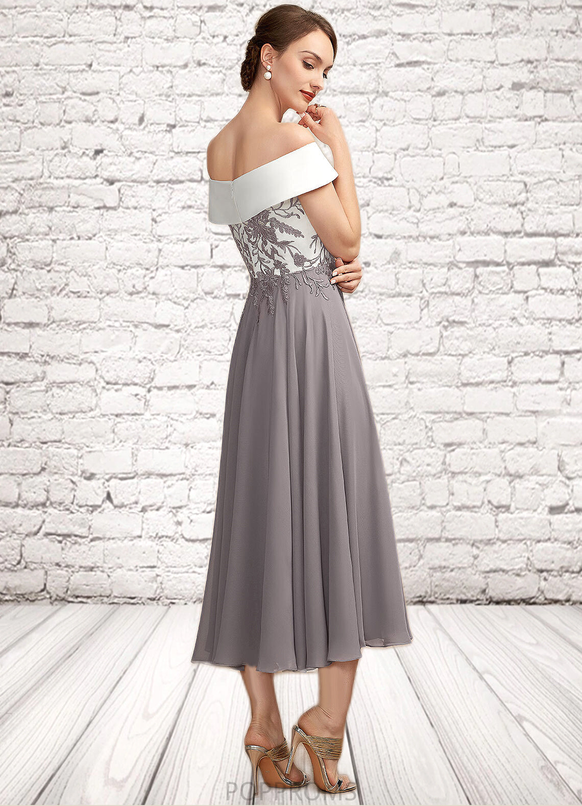 Tiana A-Line Off-the-Shoulder Tea-Length Chiffon Lace Mother of the Bride Dress PP6126P0014680