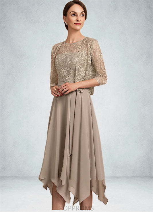 Elliana A-Line Scoop Neck Tea-Length Chiffon Lace Mother of the Bride Dress With Bow(s) PP6126P0014681