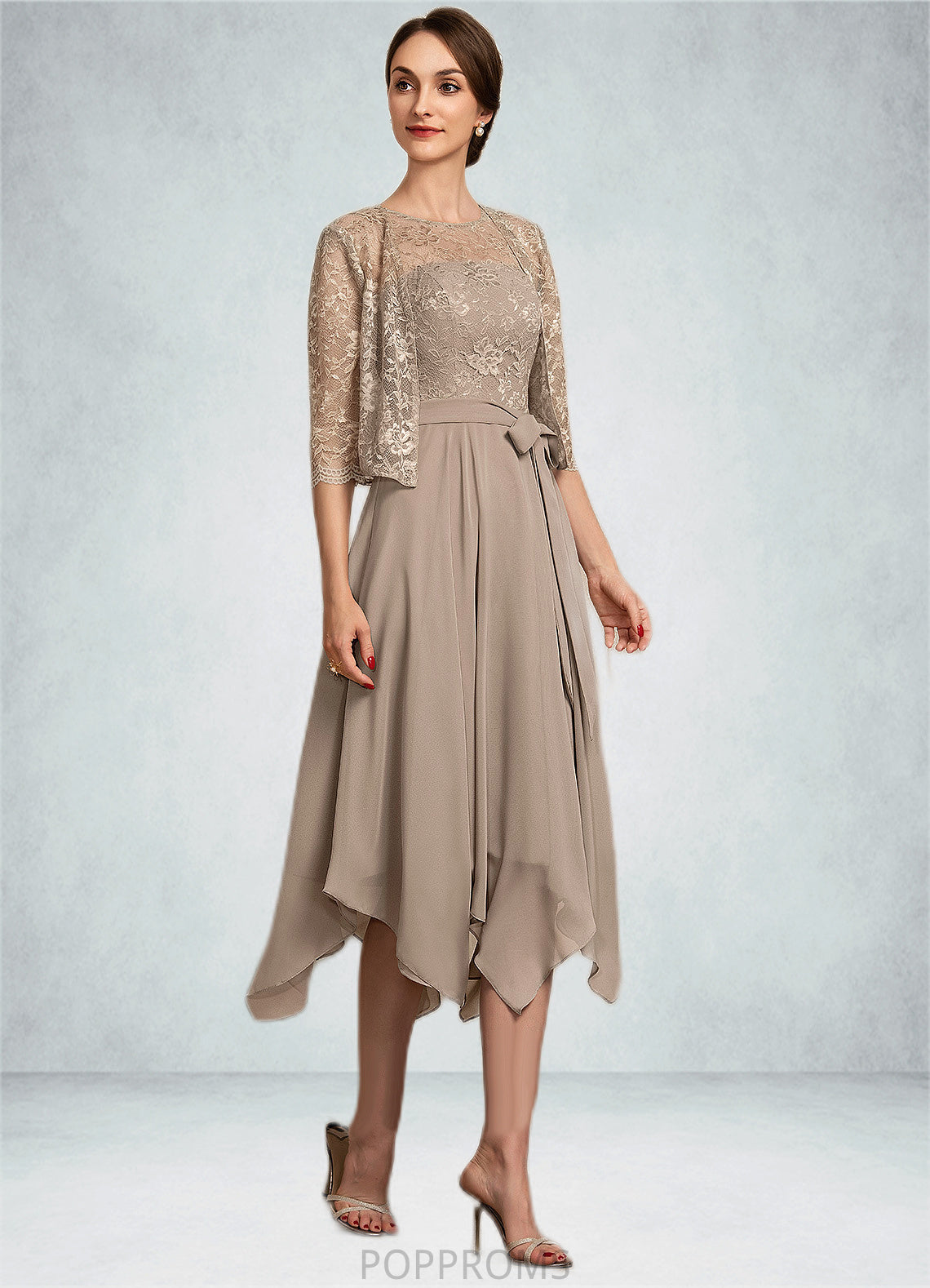 Elliana A-Line Scoop Neck Tea-Length Chiffon Lace Mother of the Bride Dress With Bow(s) PP6126P0014681