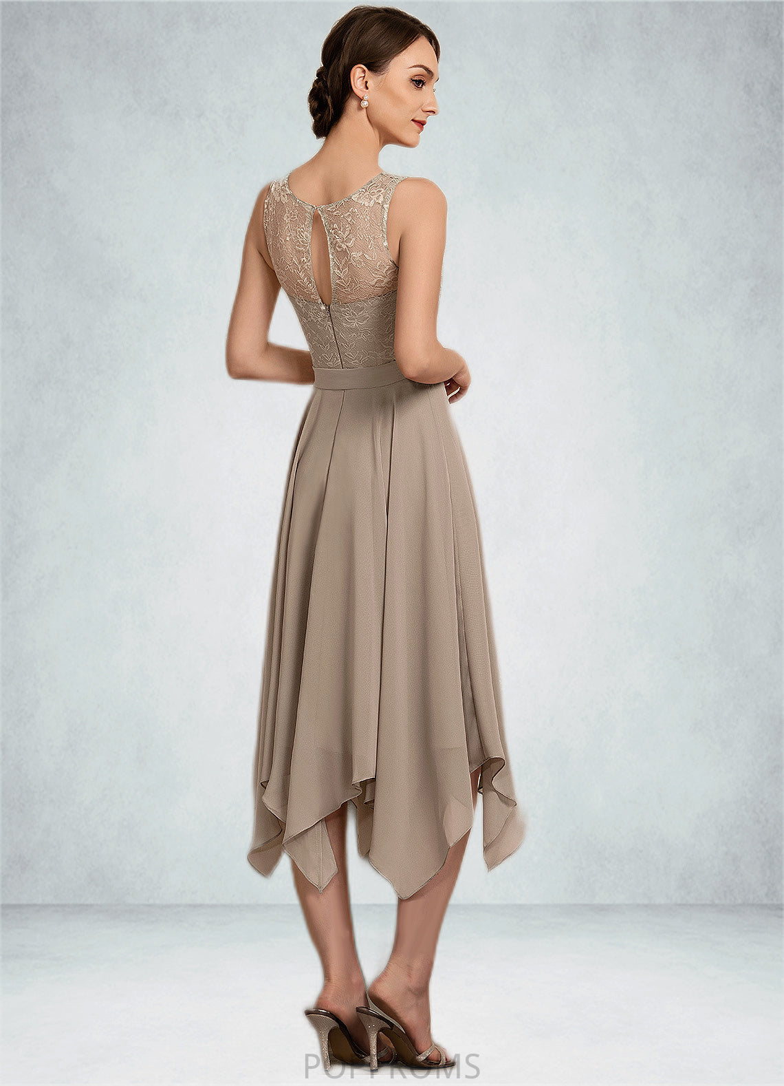 Elliana A-Line Scoop Neck Tea-Length Chiffon Lace Mother of the Bride Dress With Bow(s) PP6126P0014681