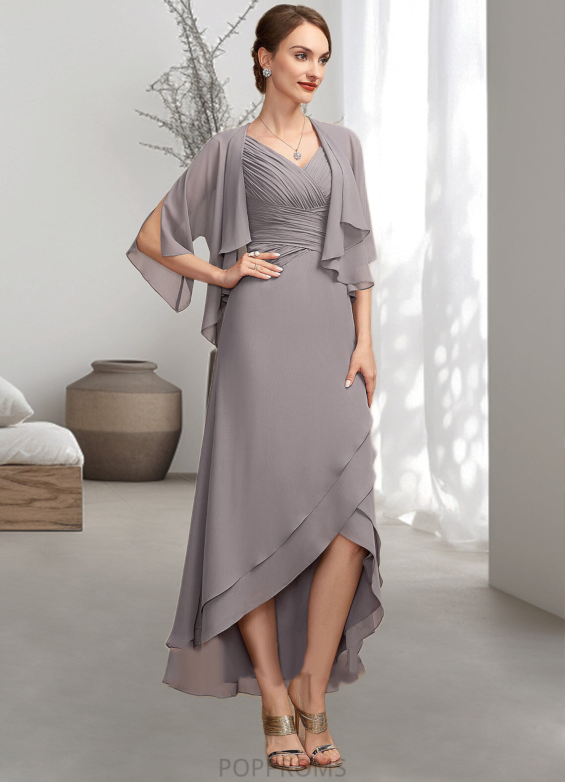 Hannah A-Line V-neck Asymmetrical Chiffon Mother of the Bride Dress With Ruffle PP6126P0014682