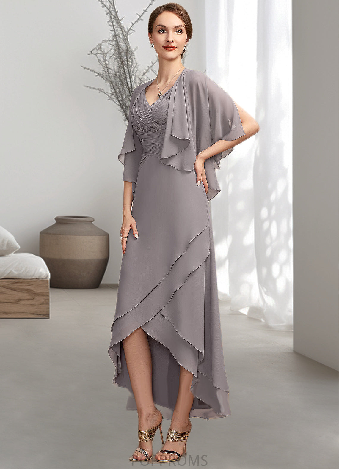 Hannah A-Line V-neck Asymmetrical Chiffon Mother of the Bride Dress With Ruffle PP6126P0014682