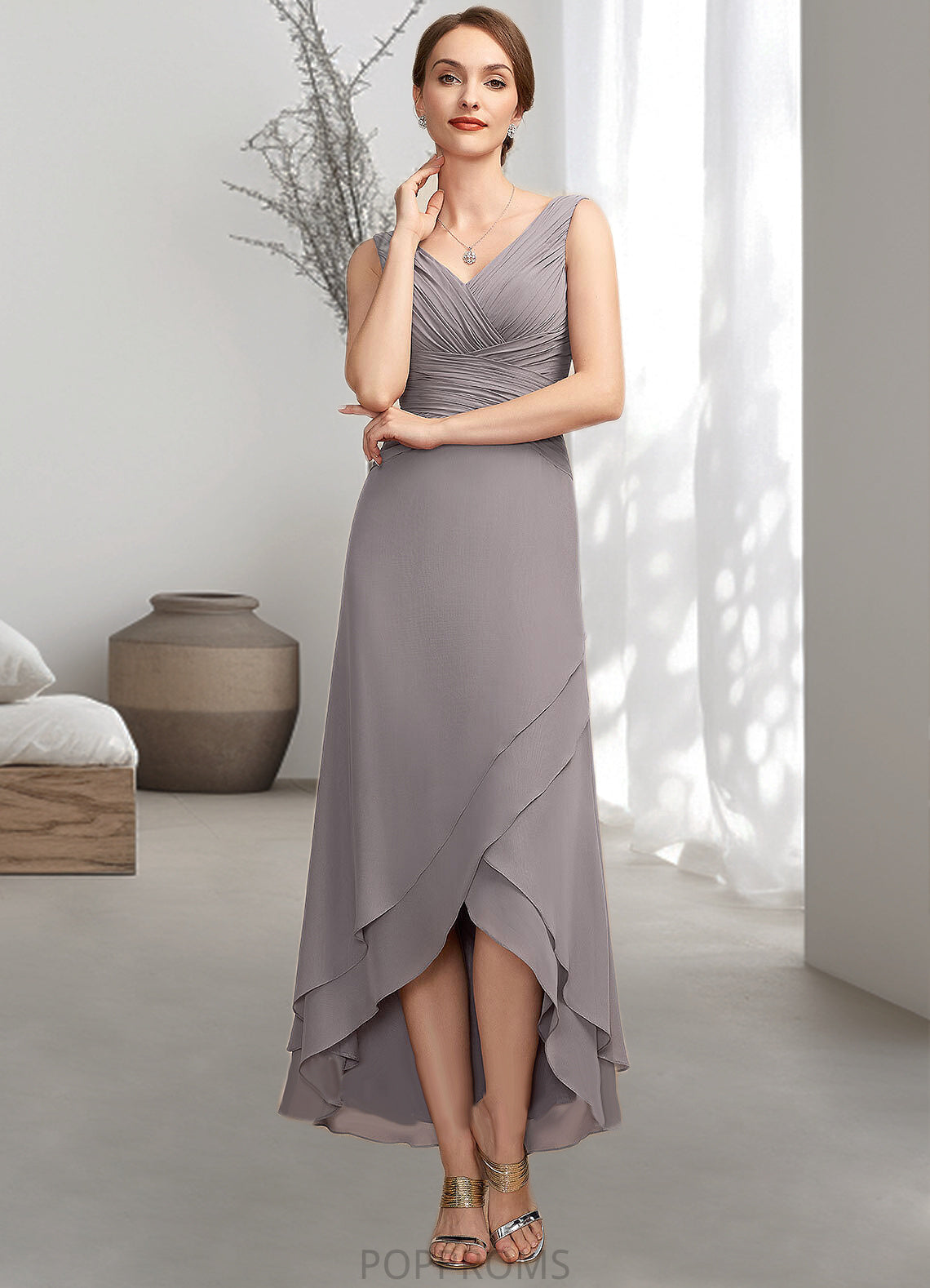 Hannah A-Line V-neck Asymmetrical Chiffon Mother of the Bride Dress With Ruffle PP6126P0014682