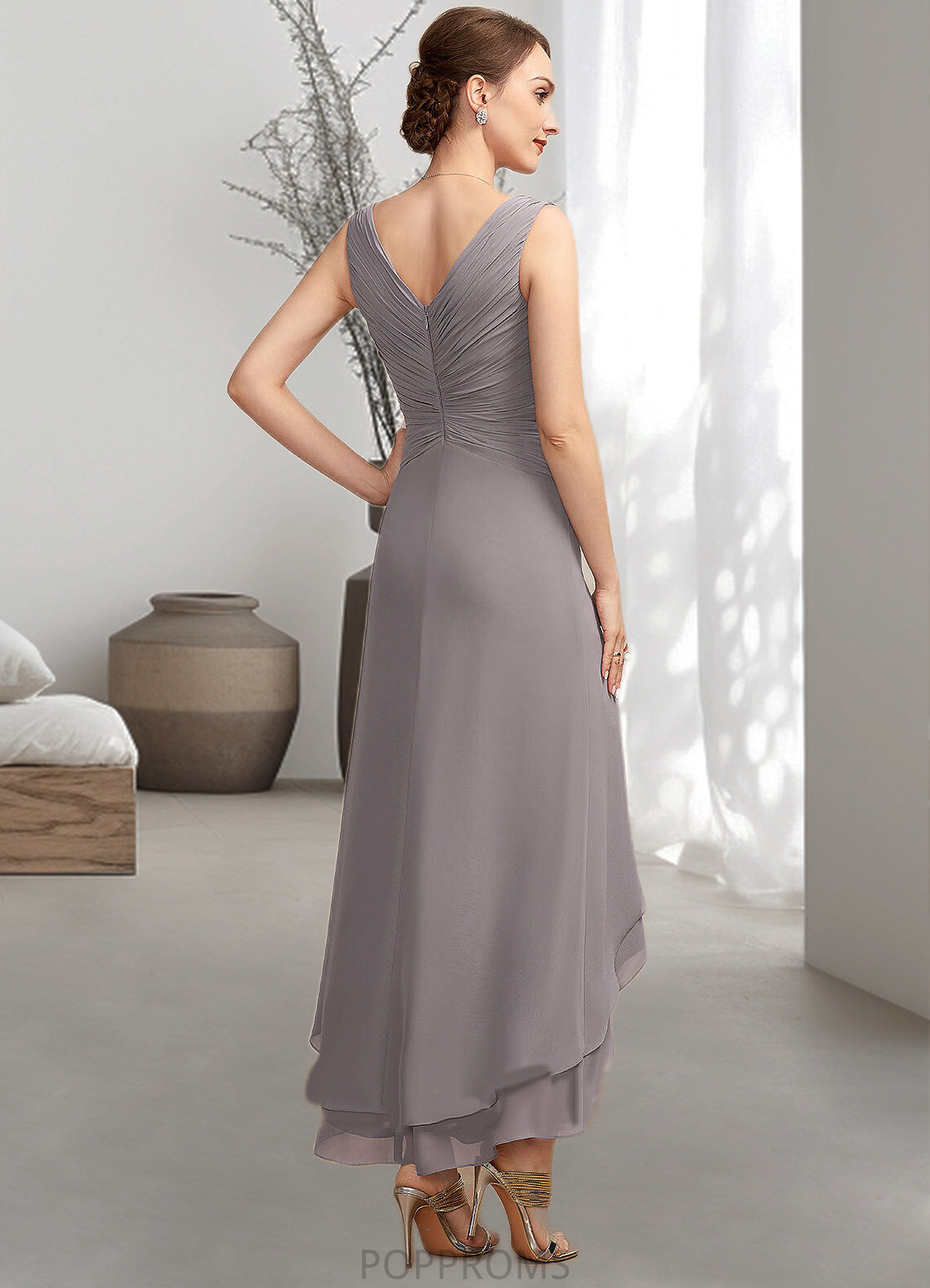 Hannah A-Line V-neck Asymmetrical Chiffon Mother of the Bride Dress With Ruffle PP6126P0014682