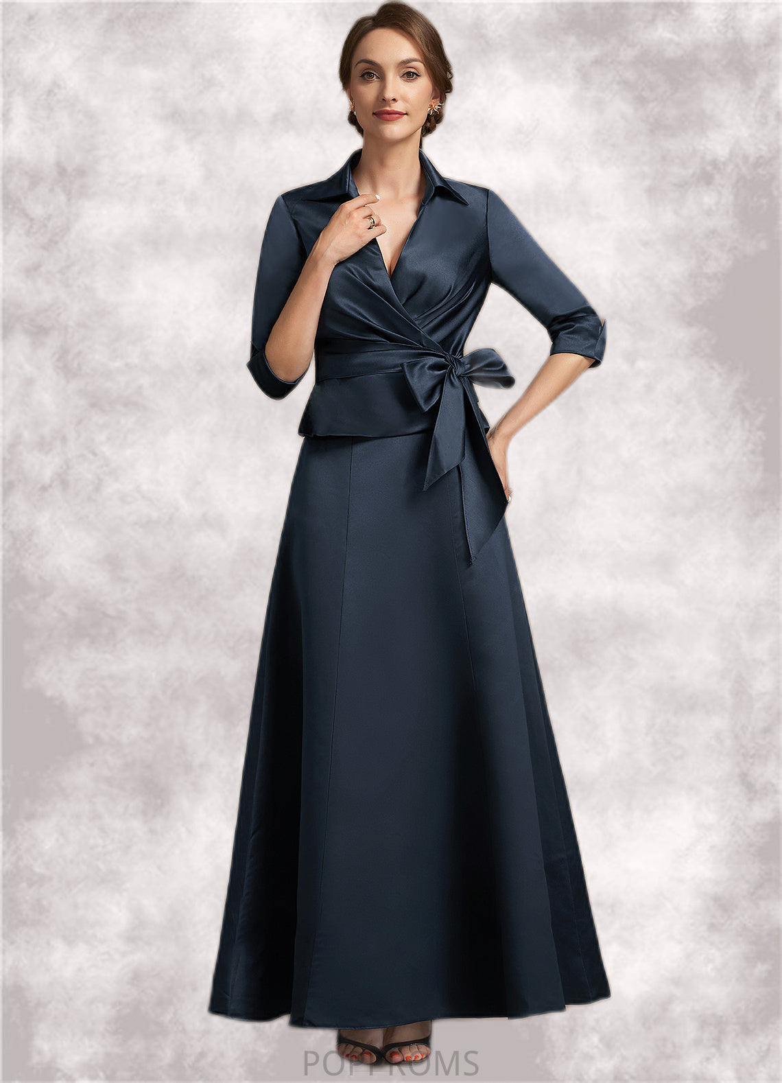 Stella A-Line V-neck Ankle-Length Satin Mother of the Bride Dress With Bow(s) PP6126P0014683