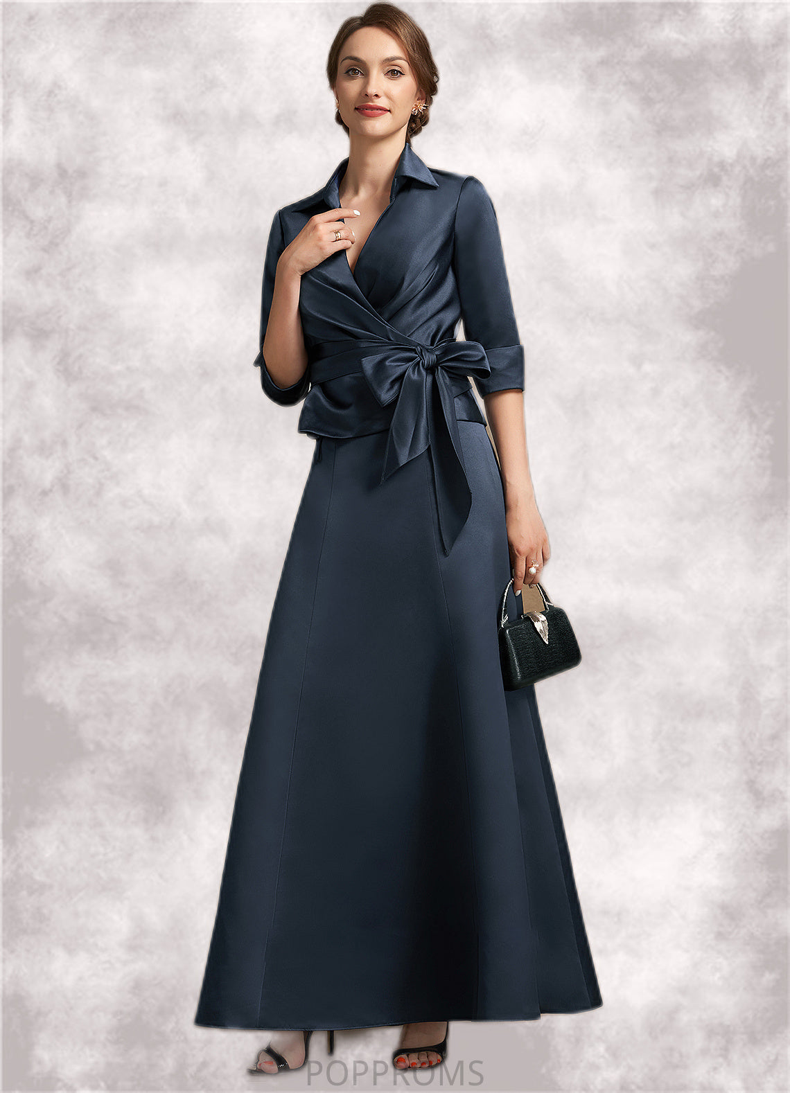 Stella A-Line V-neck Ankle-Length Satin Mother of the Bride Dress With Bow(s) PP6126P0014683