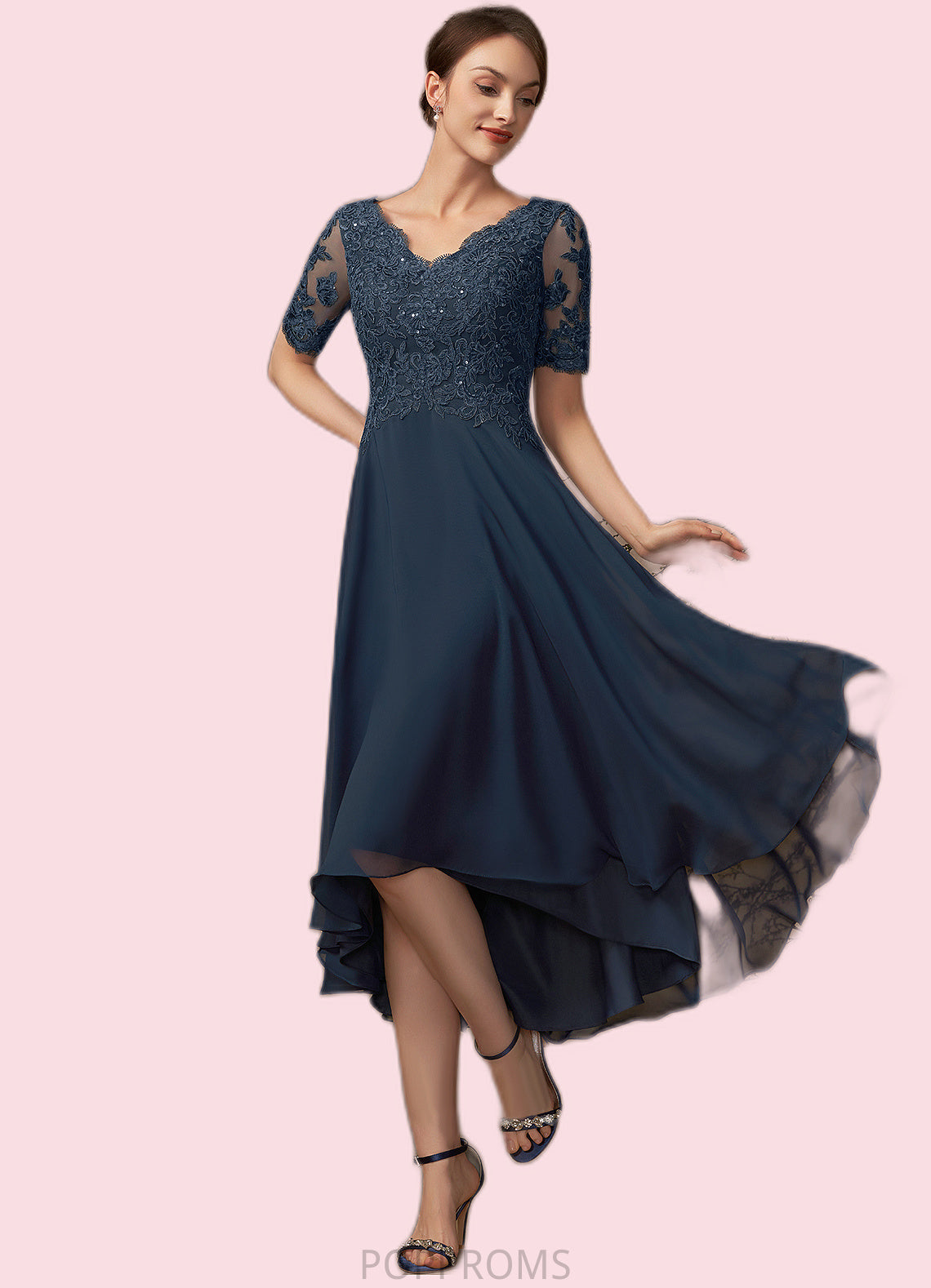 Jocelyn A-line V-Neck Asymmetrical Chiffon Lace Mother of the Bride Dress With Sequins PP6126P0014686