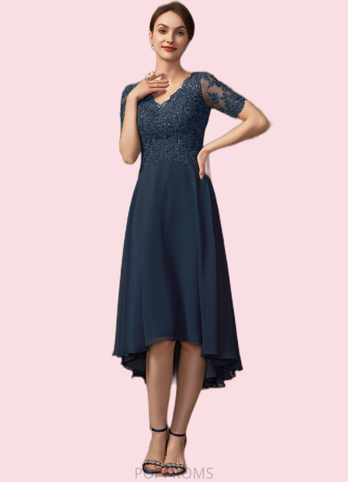 Jocelyn A-line V-Neck Asymmetrical Chiffon Lace Mother of the Bride Dress With Sequins PP6126P0014686