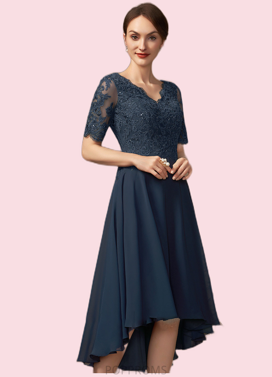 Jocelyn A-line V-Neck Asymmetrical Chiffon Lace Mother of the Bride Dress With Sequins PP6126P0014686