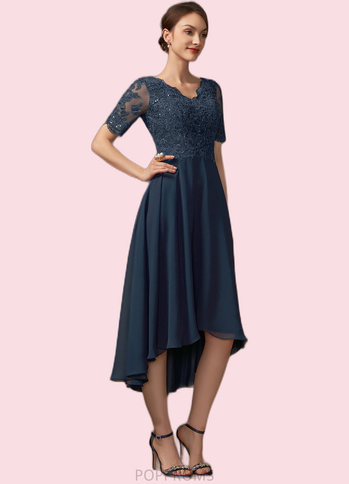 Jocelyn A-line V-Neck Asymmetrical Chiffon Lace Mother of the Bride Dress With Sequins PP6126P0014686