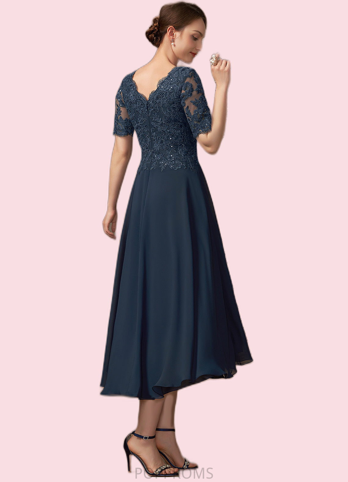 Jocelyn A-line V-Neck Asymmetrical Chiffon Lace Mother of the Bride Dress With Sequins PP6126P0014686