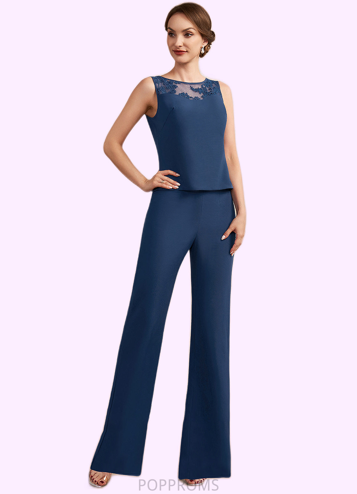 Nan Jumpsuit/Pantsuit Scoop Neck Floor-Length Chiffon Mother of the Bride Dress With Lace PP6126P0014687