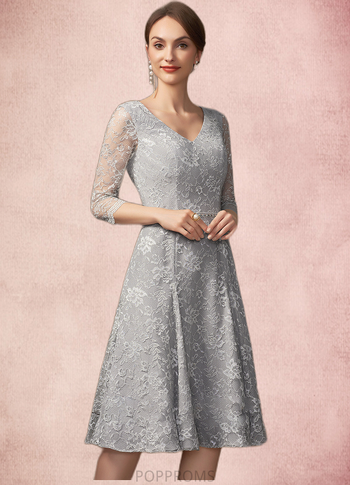 Willow A-Line V-neck Knee-Length Lace Mother of the Bride Dress With Beading Sequins PP6126P0014689