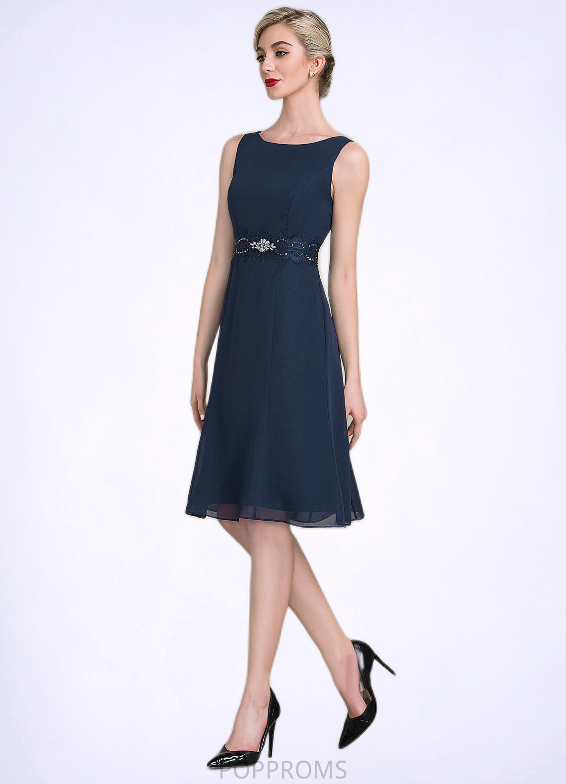 Kaya A-Line Scoop Neck Knee-Length Chiffon Mother of the Bride Dress With Ruffle Lace Beading Sequins PP6126P0014690