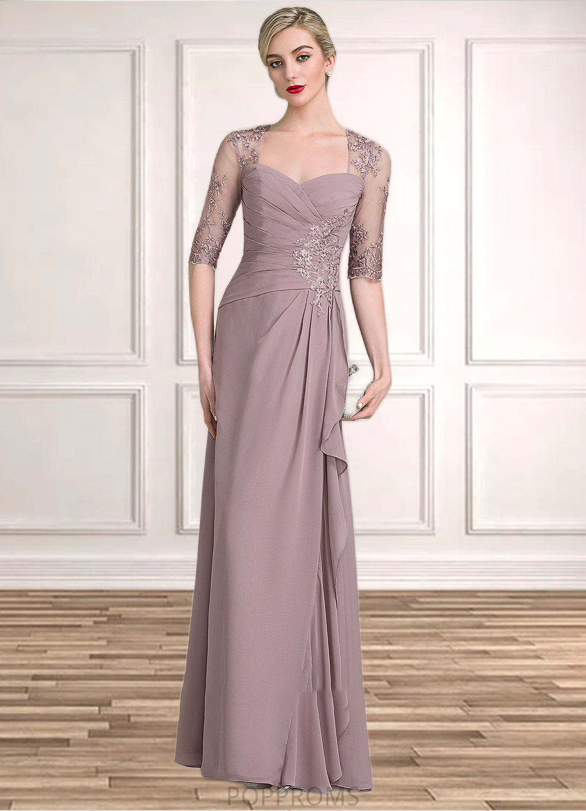 Dayami A-Line Sweetheart Floor-Length Chiffon Lace Mother of the Bride Dress With Beading Sequins Cascading Ruffles PP6126P0014692