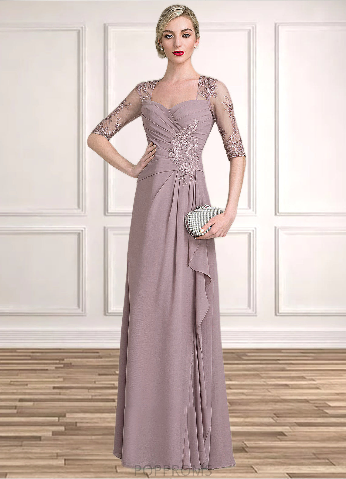 Dayami A-Line Sweetheart Floor-Length Chiffon Lace Mother of the Bride Dress With Beading Sequins Cascading Ruffles PP6126P0014692