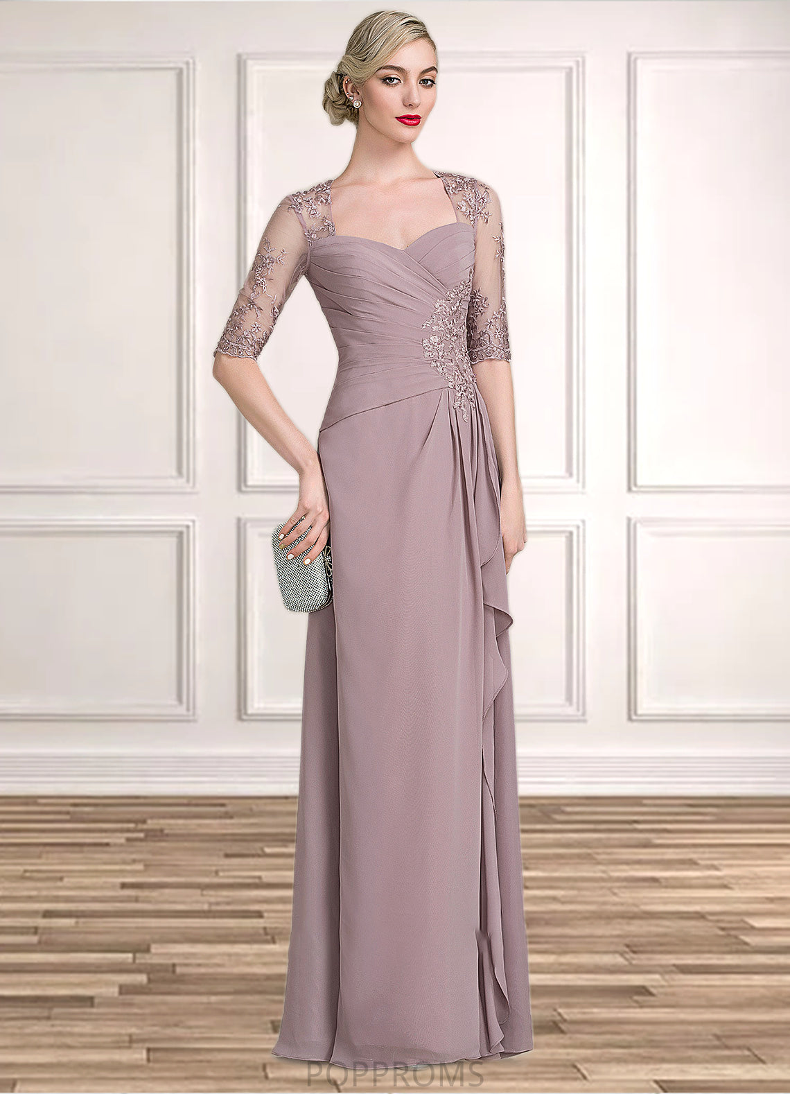 Dayami A-Line Sweetheart Floor-Length Chiffon Lace Mother of the Bride Dress With Beading Sequins Cascading Ruffles PP6126P0014692