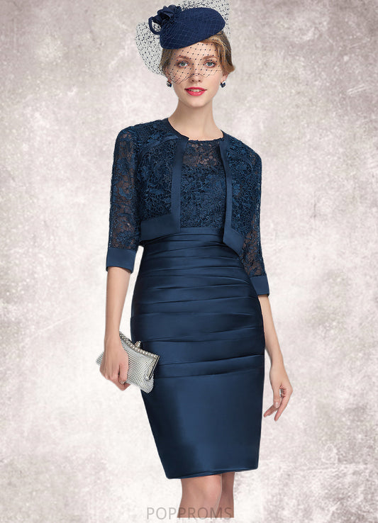 Rebecca Sheath/Column Scoop Neck Knee-Length Satin Lace Mother of the Bride Dress With Ruffle PP6126P0014693