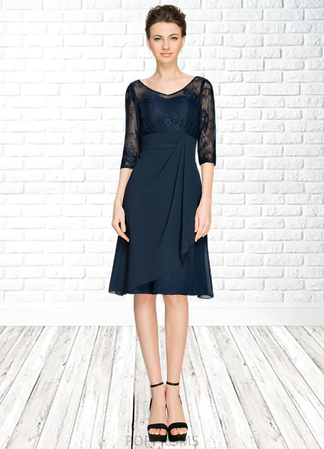 Hannah A-Line V-neck Knee-Length Chiffon Lace Mother of the Bride Dress With Cascading Ruffles PP6126P0014695