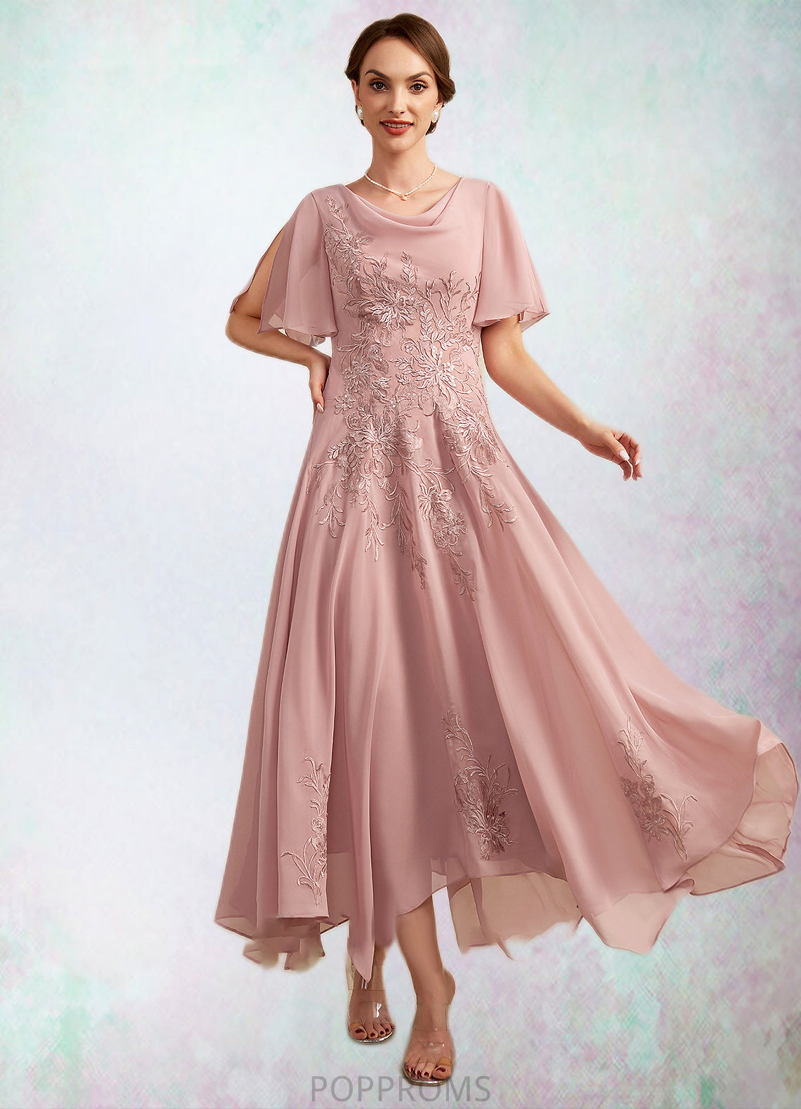 Ayanna A-Line Cowl Neck Ankle-Length Chiffon Lace Mother of the Bride Dress PP6126P0014696