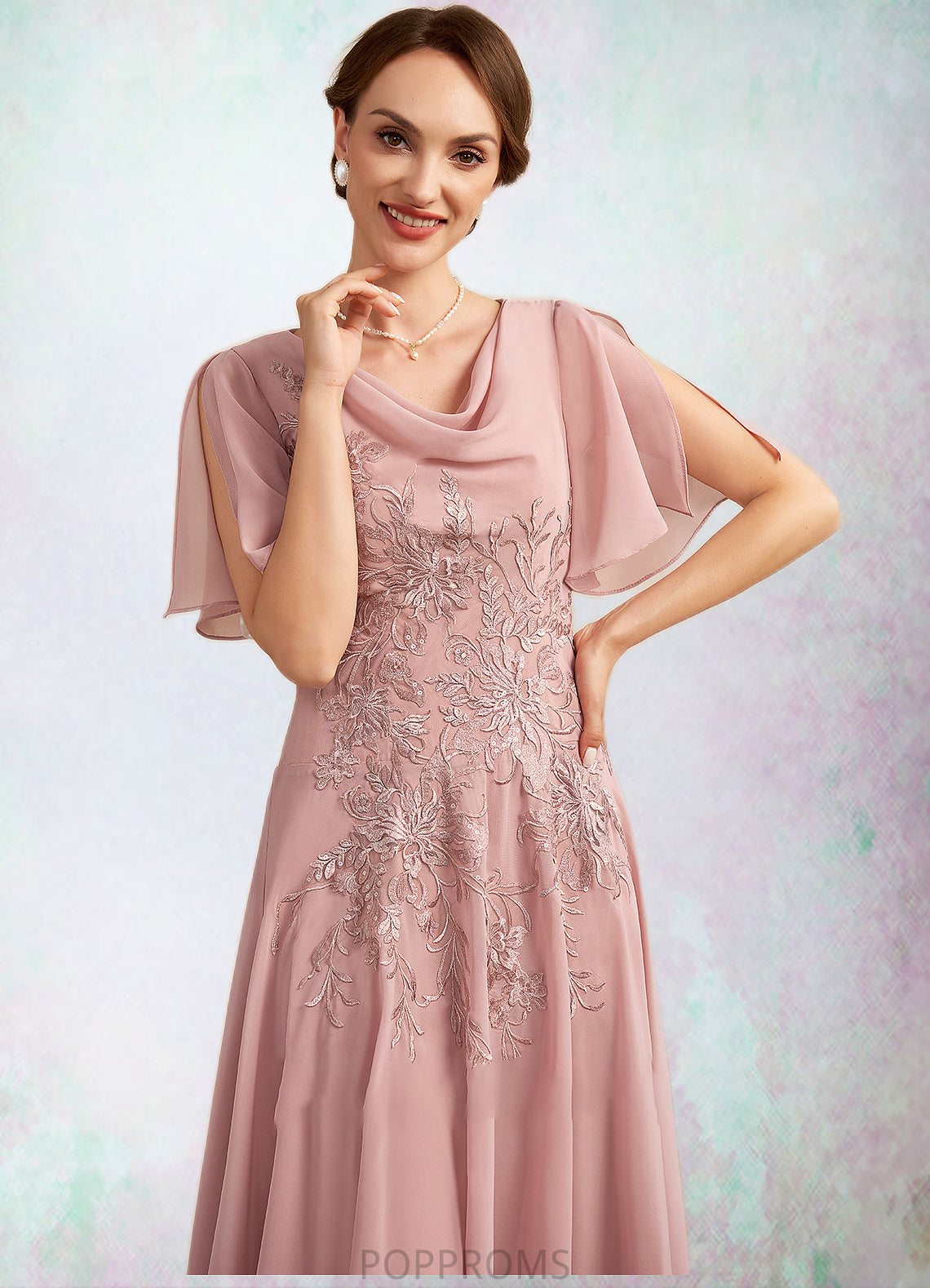 Ayanna A-Line Cowl Neck Ankle-Length Chiffon Lace Mother of the Bride Dress PP6126P0014696