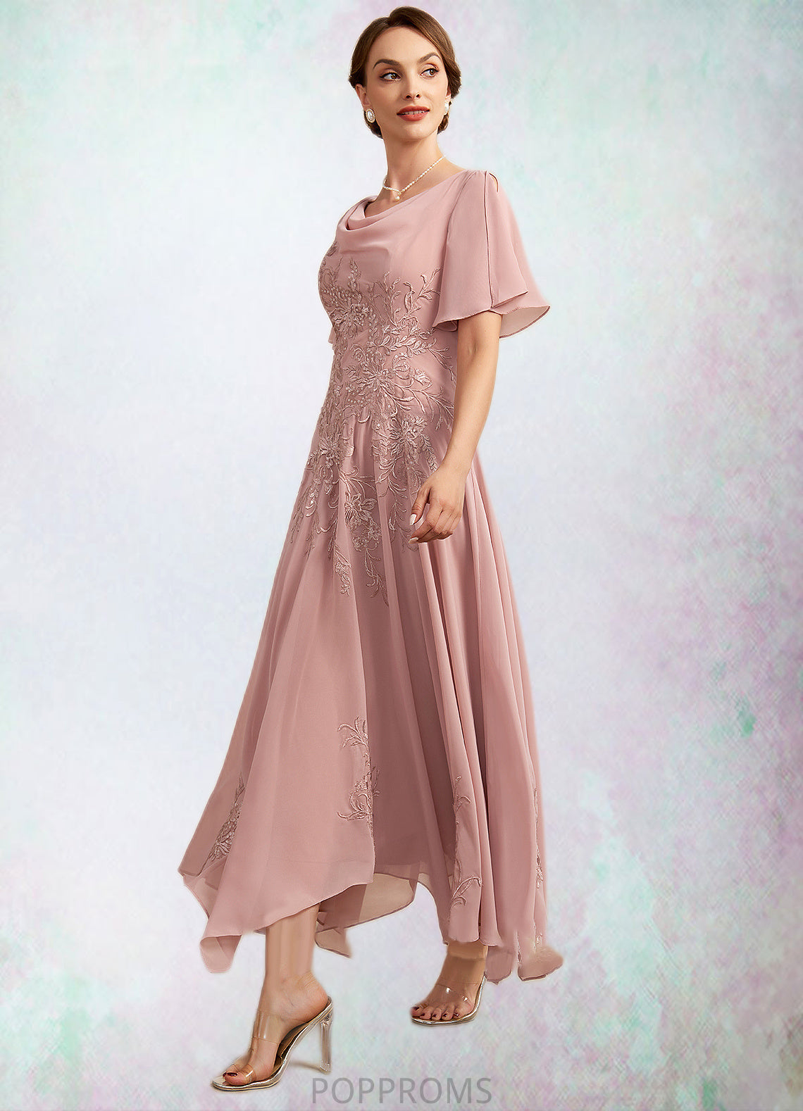 Ayanna A-Line Cowl Neck Ankle-Length Chiffon Lace Mother of the Bride Dress PP6126P0014696