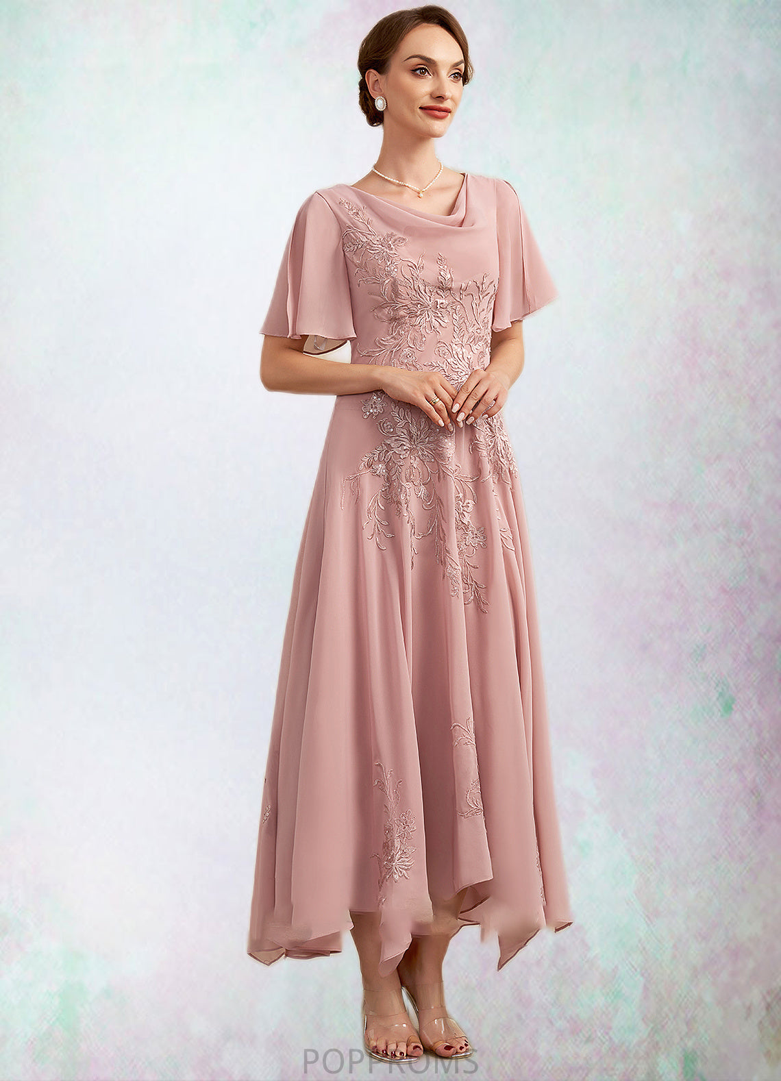 Ayanna A-Line Cowl Neck Ankle-Length Chiffon Lace Mother of the Bride Dress PP6126P0014696