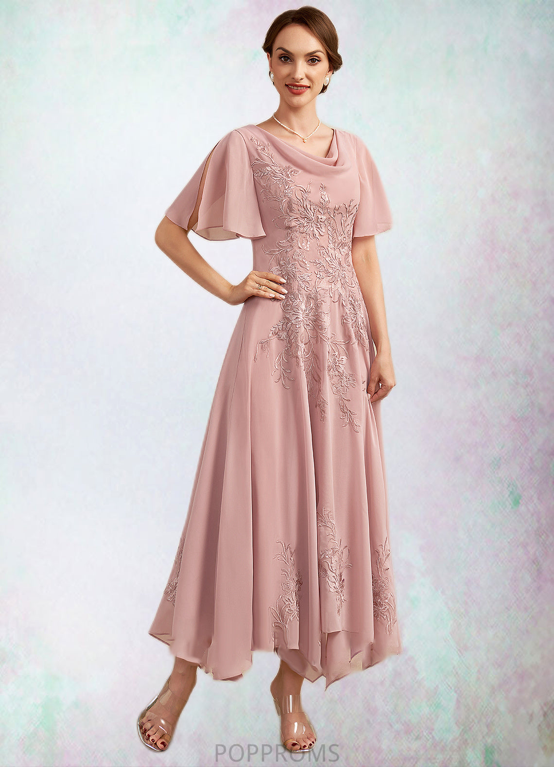 Ayanna A-Line Cowl Neck Ankle-Length Chiffon Lace Mother of the Bride Dress PP6126P0014696