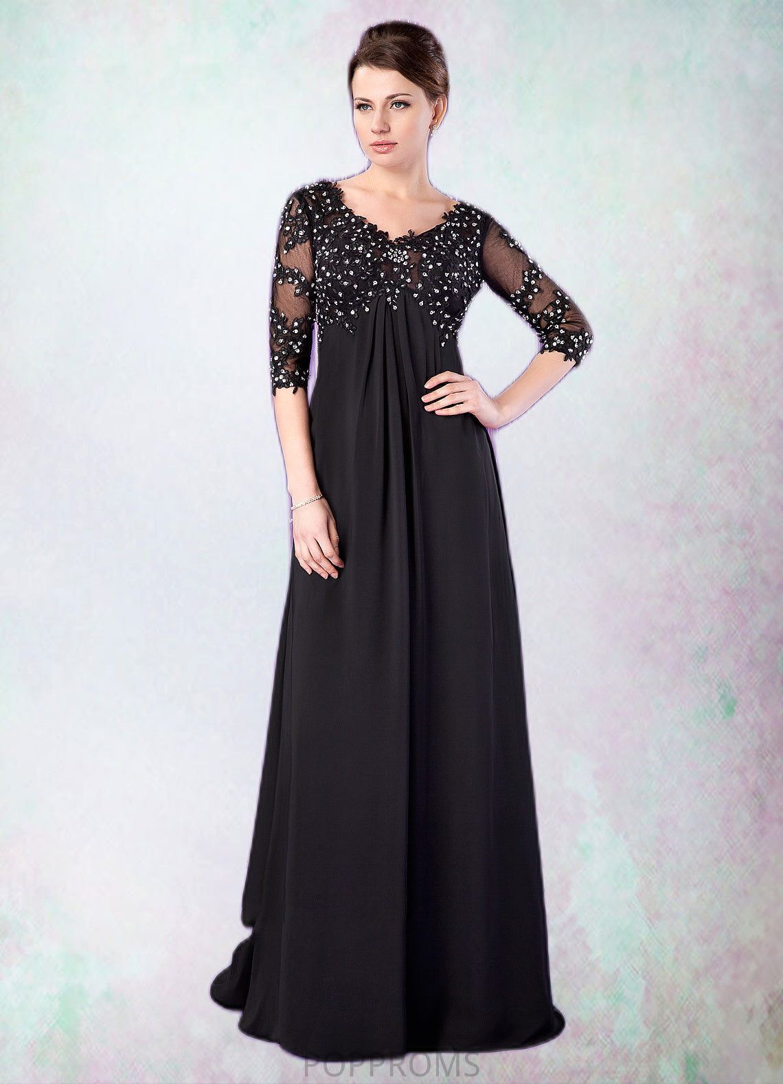 Micah Empire V-neck Sweep Train Chiffon Mother of the Bride Dress With Lace Beading PP6126P0014697