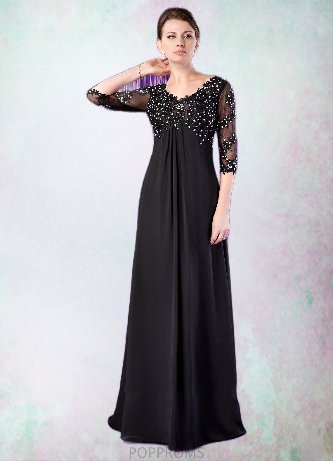 Micah Empire V-neck Sweep Train Chiffon Mother of the Bride Dress With Lace Beading PP6126P0014697