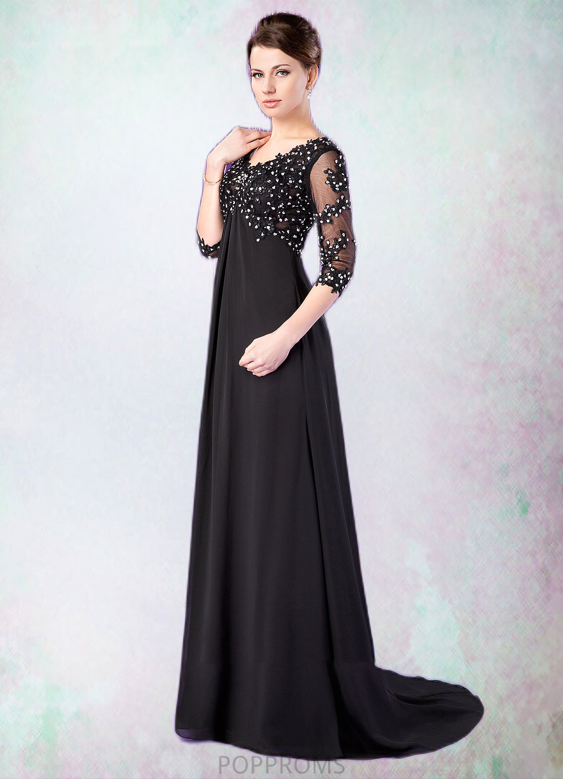 Micah Empire V-neck Sweep Train Chiffon Mother of the Bride Dress With Lace Beading PP6126P0014697