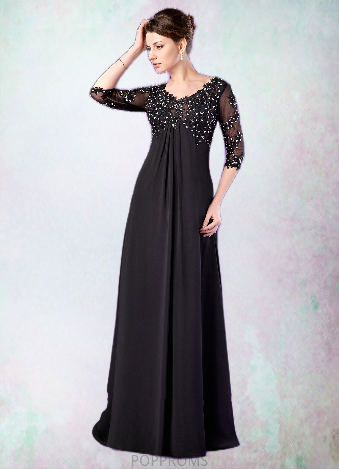 Micah Empire V-neck Sweep Train Chiffon Mother of the Bride Dress With Lace Beading PP6126P0014697