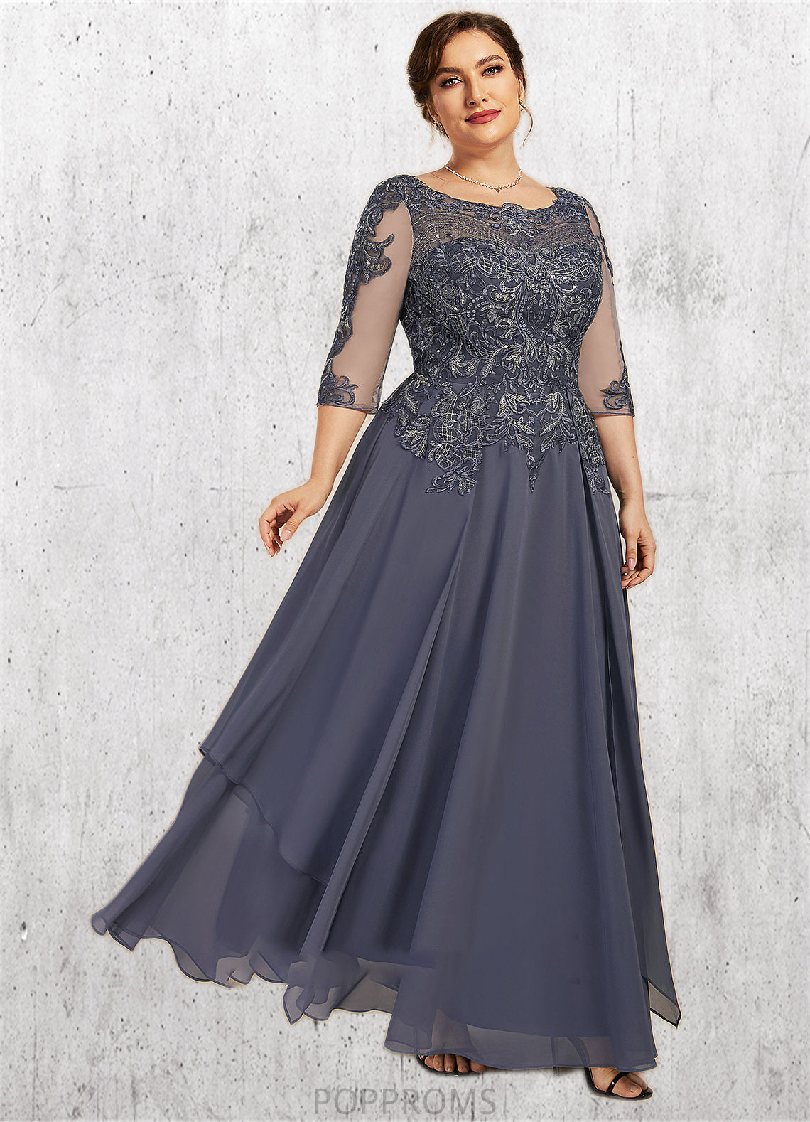 Saniya A-Line Scoop Neck Ankle-Length Chiffon Lace Mother of the Bride Dress With Cascading Ruffles PP6126P0014698