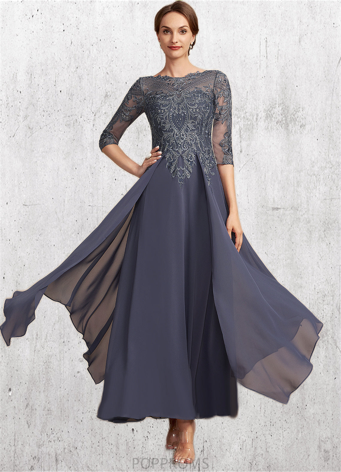 Saniya A-Line Scoop Neck Ankle-Length Chiffon Lace Mother of the Bride Dress With Cascading Ruffles PP6126P0014698