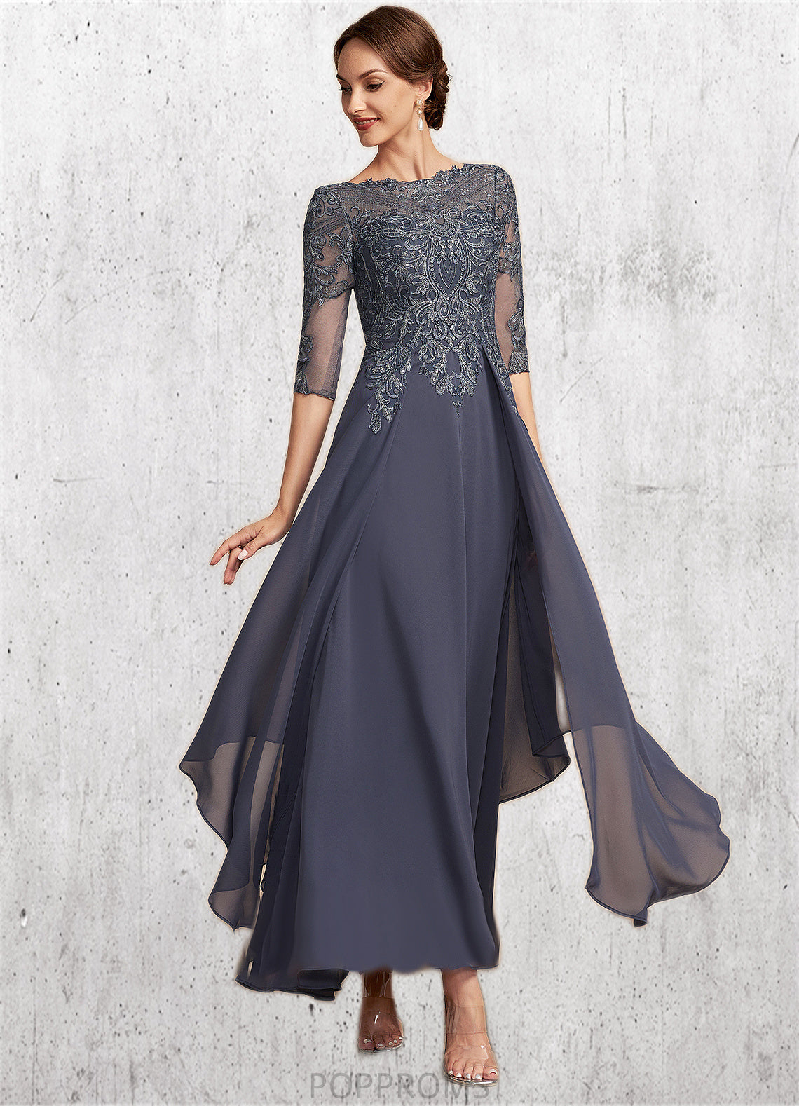 Saniya A-Line Scoop Neck Ankle-Length Chiffon Lace Mother of the Bride Dress With Cascading Ruffles PP6126P0014698